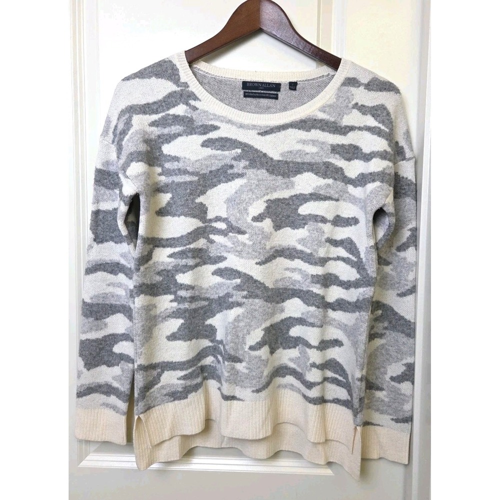BROWN‎ ALLAN 1883 FINE MERINO WOOL CASHMERE CREW NECK SWEATER Camo Gray Ivory S